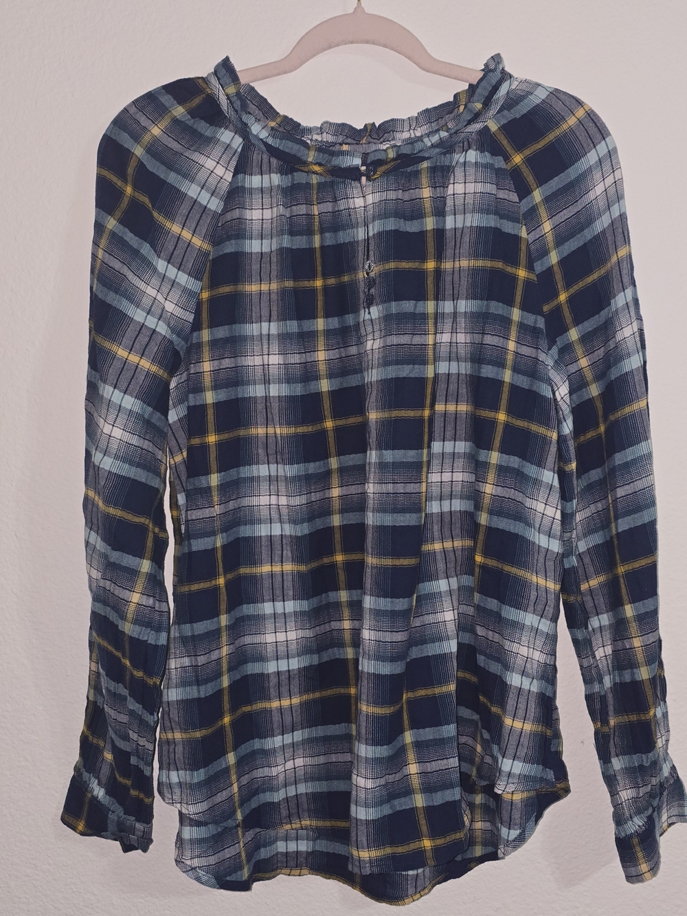 St. John's Bay Navy, Light Blue & Yellow Plaid Peasant Top